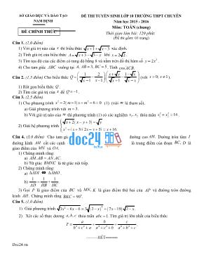 Đề thi tuyển sinh lớp 10 trường THPT chuyên năm học 2015 - 2016 môn Toán (chung)